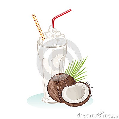 Coconut milkshake. Refreshing healthy drink in glass with straw. Cartoon Illustration