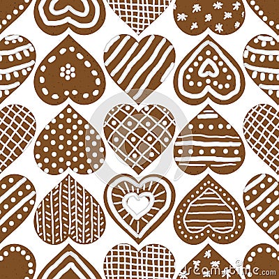 Christmas seamless vector pattern with iced gingerbread heart cookies Vector Illustration