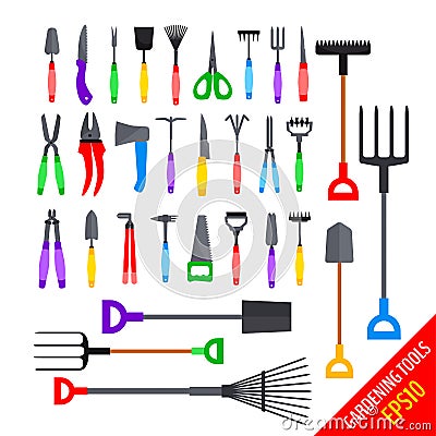 Set of various colorful gardening tools Vector Illustration