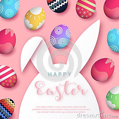 Happy Easter, with paper rabbit bunny shape frame eps 10 Cartoon Illustration