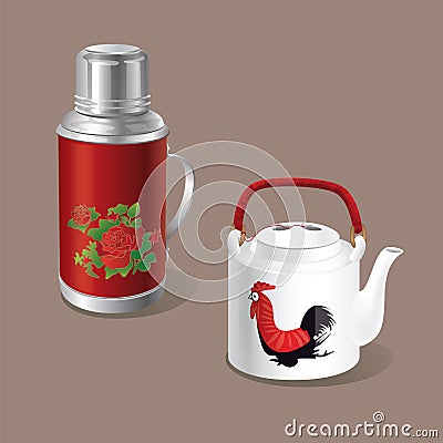 Chinese Vintage thermos and tea kettle Vector Illustration