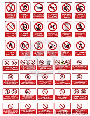 Turkish signage models, hazard sign, prohibited sign, occupational safety and health signs, warning signboard, fire emergency sign Vector Illustration