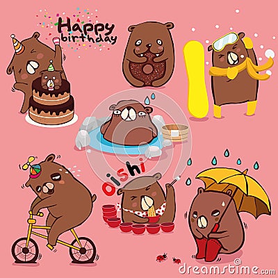 Brown bear character collection, Different cute emotions and activities to diet Isolated on color background. Stock Photo