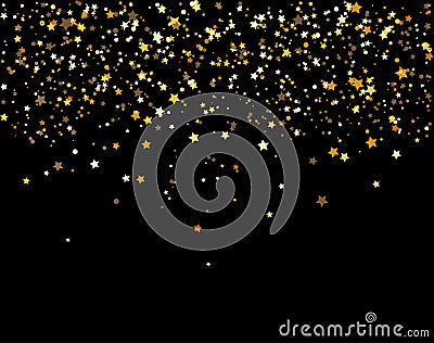 Waterfalls golden glitter sparkle-bubbles champagne particles stars black background happy new year holiday concept. Vector Illustration