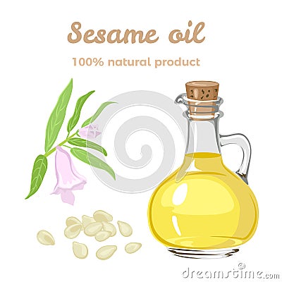 Sesame oil in a glass bottle. Vector illustration in cartoon simple flat style. Cartoon Illustration