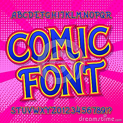 Comic font. Comics and pop art style alphabet. Colorful funny letters and numbers. Vector Illustration