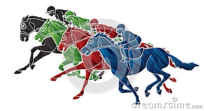 Group of Jockeys riding horse, sport competition cartoon sport graphic Vector Illustration