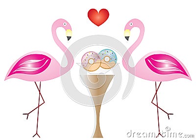 Two flamingos in love eating donuts - Valentines day theme Vector Illustration