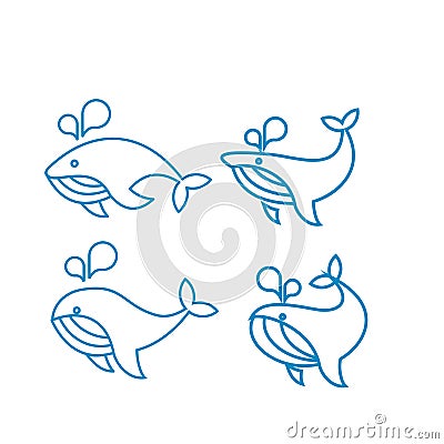 Set collection Whale modern line outline flat blue logo icon design vector illustration Cartoon Illustration