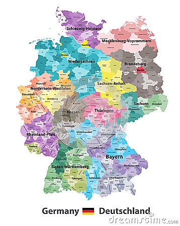 Germany high detailed vector map colored by states and administrative districts with subdivisions. All layers detachable and lab Vector Illustration