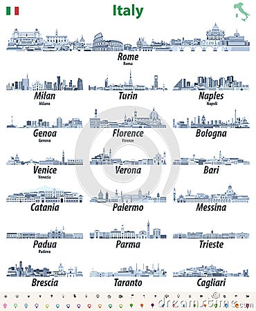 Italian cities skylines isolated high detailed icons in tints of blue color palette. Vector illustration Vector Illustration