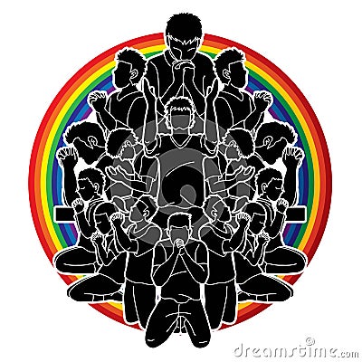 Group of Prayer, Christian praying together cartoon graphic Vector Illustration