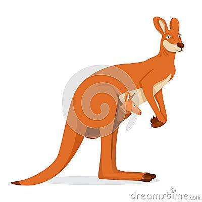 Kangaroo Female With Joey In Pouch Vector Illustration, Side View, Macropodidae Vector Illustration