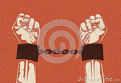 Man hands in strained steel handcuffs. Imprisoned hands in chains. Prisoners hands. Vintage styled vector illustration. Vector Illustration