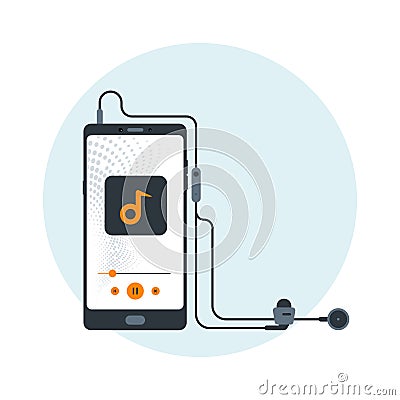 Headphones, Mobile with headset, listening to music, Cheerful songs playlist, Music player, Stereo sound, Earbuds, Earphone, cord Vector Illustration