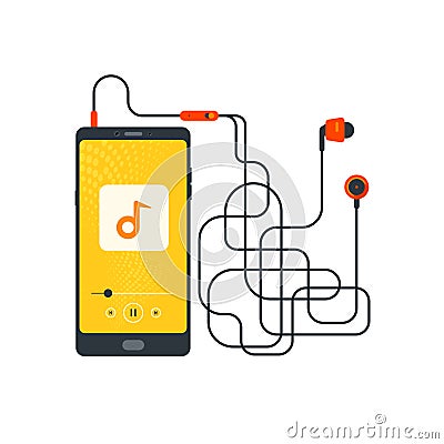 Headphones, Mobile with tangled headset cord, listening to music, Music player, Earbuds, Earphone, Tied up wire, audio device Vector Illustration