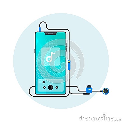 Headphones, Mobile with headset, listening to music, Cheerful songs playlist, Music player, Stereo sound, Earbuds, Earphone, cord Vector Illustration