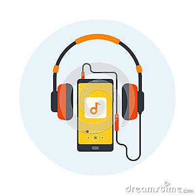 Headphones, Mobile with headset, listening to music, Cheerful songs playlist, Music player, Stereo sound, Earbuds, Earphone, cord Vector Illustration