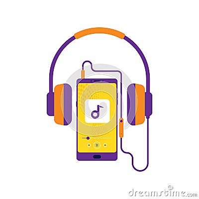 Headphones, Mobile with headset, listening to music, Cheerful songs playlist, Music player, Earphone, retro Vector Illustration