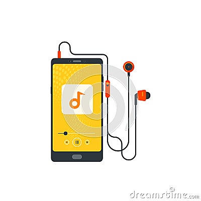 Headphones, Mobile with headset, listening to music, Cheerful songs playlist, Music player, Stereo sound, Earbuds, Earphone, cord Vector Illustration