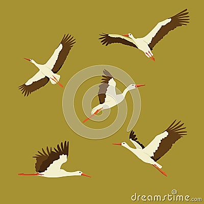 Stork Fly Set Vector Illustration Vector Illustration