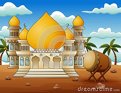 Eid Mubarak with mosque, islamic drum in the desert Vector Illustration