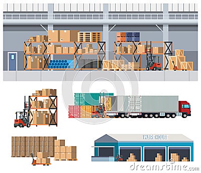 Warehouse Interior Box On Rack Vector Illustration