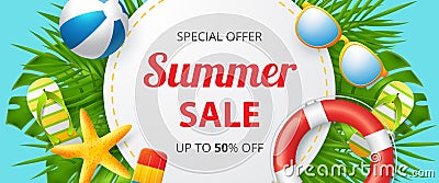 Summer sale vector banner design with colorful beach elements. Vector Illustration