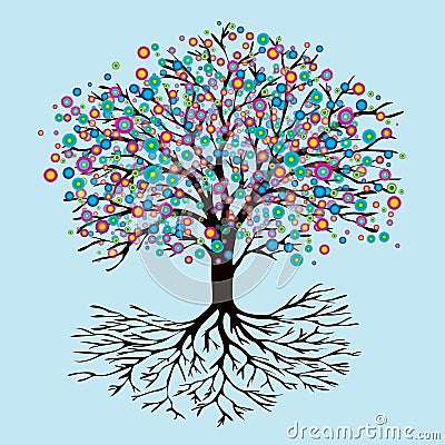 Tree of life or yggdrasil rainbow flowers version Vector Illustration