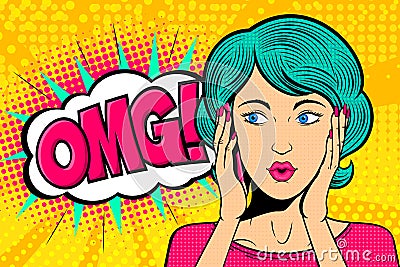Pop art woman talk on mobile phone. Surprised female face with OMG! speech bubble. Retro dotted background. Vector Illustration
