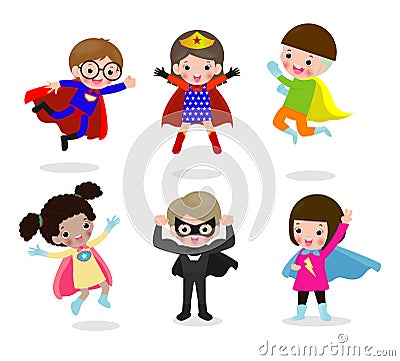 Cartoon set of Kids Superheroes wearing comics costumes, children With Super hero Costumes set, child in Superhero costume Vector Illustration