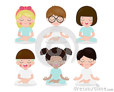 Collection of kid meditating in lotus pose. Cute cartoon children yoga and meditation vector illustration in flat style isolated Vector Illustration