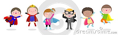 Cartoon set of Kids Superheroes wearing comics costumes, children With Super hero Costumes set, child in Superhero costume Vector Illustration