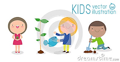 Vector Illustration Of Kids Planting in a park, children are plant trees, cute child volunteers, Save the World isolated Vector Illustration