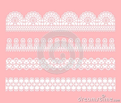 Lace seamless border. Set of white lace tracery ribbons. Cartoon Illustration