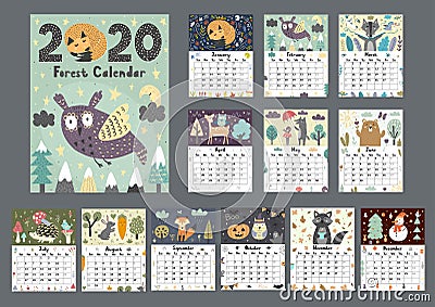 Forest calendar for 2020 year. Printable planner of 12 months with cute animals Vector Illustration