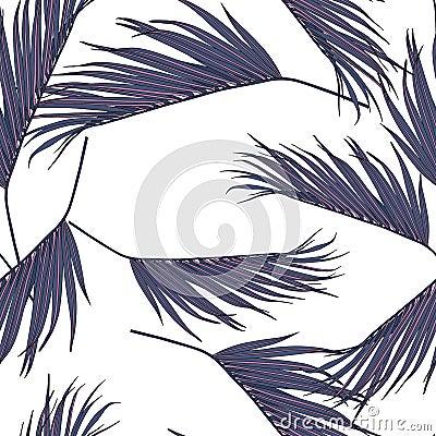 Violet coconut palm leaves by hand drawing and sketch with line-art seamless pattern Stock Photo