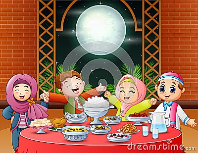 Happy muslim kids celebrating the Iftar party Vector Illustration