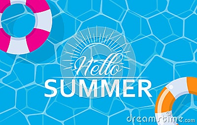 Hello summer web banner with swim ring on pool surface Stock Photo