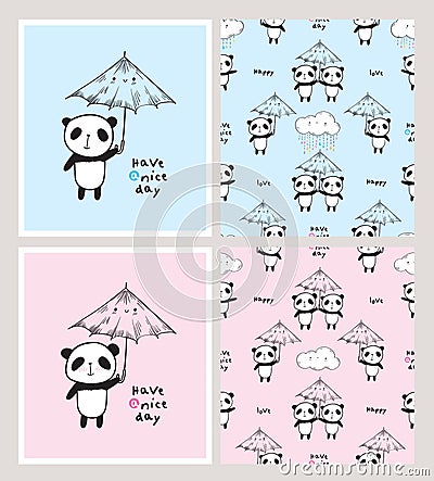 Have a nice day. Set of cards and seamless patterns with cute pandas Vector Illustration