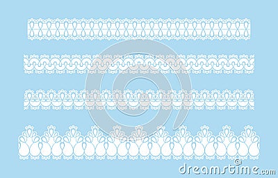 Set of white lace ribbons seamless border on blue background. Cartoon Illustration