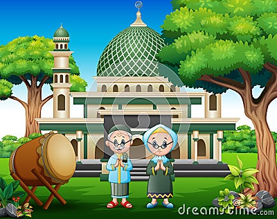 Cartoon old couple muslim in front the mosque Vector Illustration