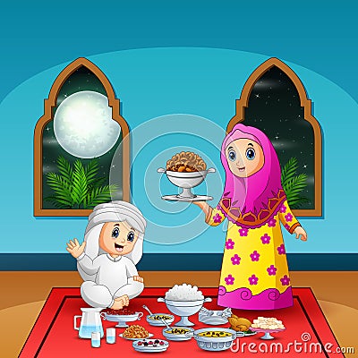 Woman Muslim preparing food for iftar party Vector Illustration