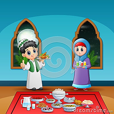 Couple Muslim preparing iftar food at the ramadan month Vector Illustration