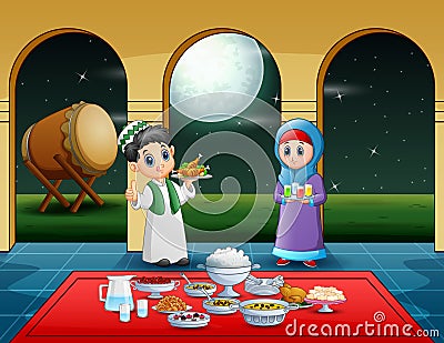 Couple Muslim preparing iftar food at the ramadan month Vector Illustration