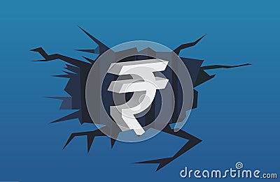 Indian Rupee crisis concept, White Indian Rupee Symbol Down to Ground. blue isolated illustration Stock Photo