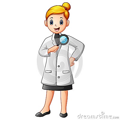 Scientists woman in lab coats holding a magnifying glass Vector Illustration