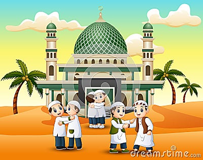 Muslim people shaking hands each other in front a mosque Vector Illustration