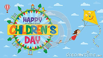 Happy International Children`s Day greeting card. Text inside a circle surrounded by playgrounds and trees where children fly Vector Illustration