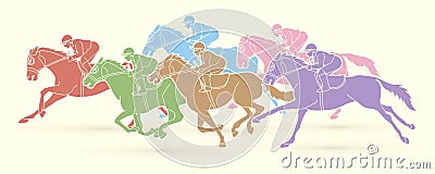 Group of Jockeys riding horse, sport competition cartoon sport graphic Vector Illustration